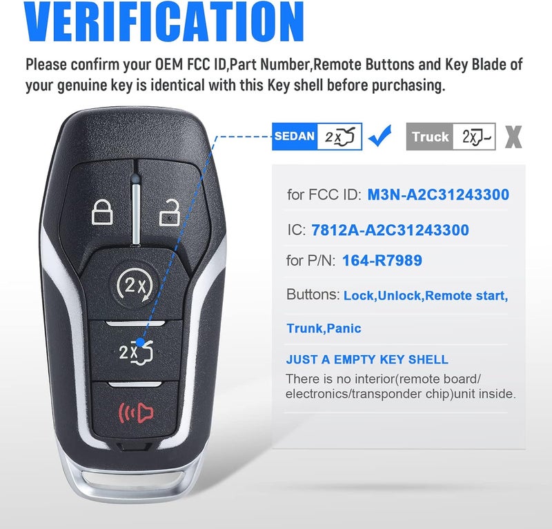 Keymall Remote Key Fob Case Shell Cover Replacement for Ford Edge/Explorer/Fusion/Mustang for Lincoln MKZ/MKC/MKX(FCC ID:M3N-A2C31243300 P/N:164-R7989) 5 Buttons,Just A Key Shell - Image 3